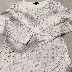 ALISON SHERI Animal Print Mix Long Sleeve Pullover Knit Top Grey/Pewter/Ivory XS